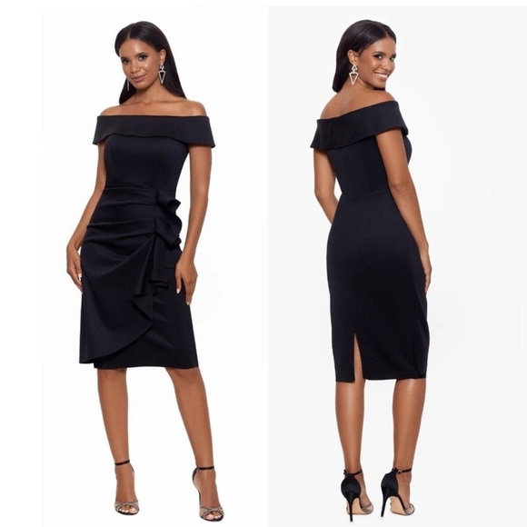 Xscape Vanessa Dress Short Off The Shoulder Scuba Crepe Side Ruched Black 14 New - Picture 1 of 14